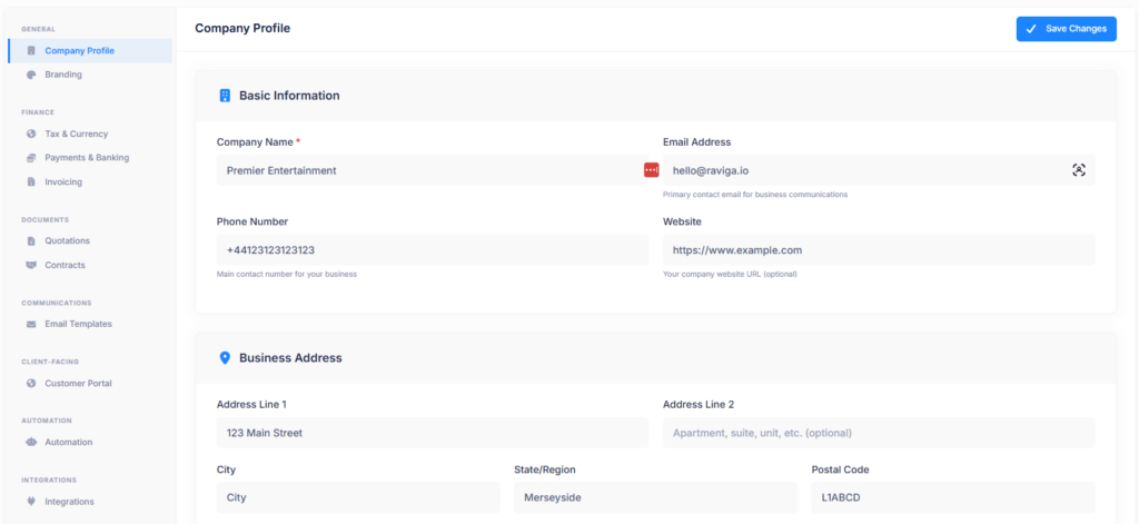 Screenshot showing the newly redesigned Raviga business settings screen